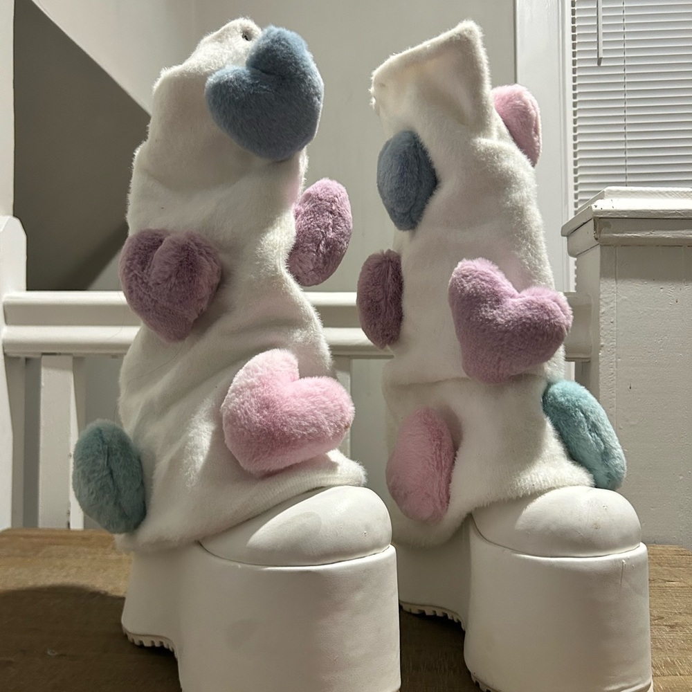 Sugar Thrillz White Platform Boots with Heart Accents Leg Warmers